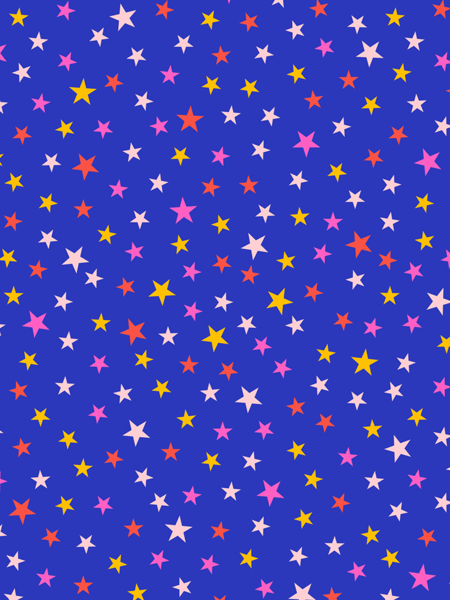 Ein Muster aus bunten Sternen auf dunkelblauem Hintergrund.