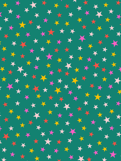 Poster mit bunten Sternen in Rot, Gelb, Rosa und Weiß auf grünem Hintergrund.