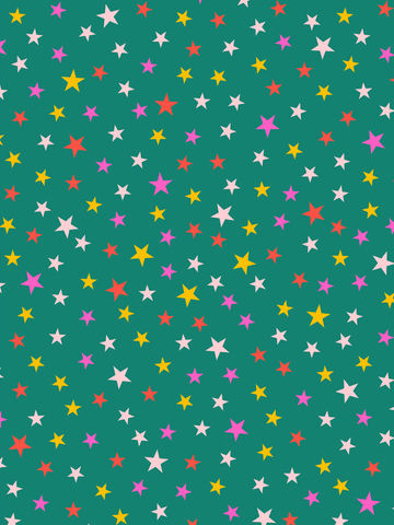 Poster mit bunten Sternen in Rot, Gelb, Rosa und Weiß auf grünem Hintergrund.