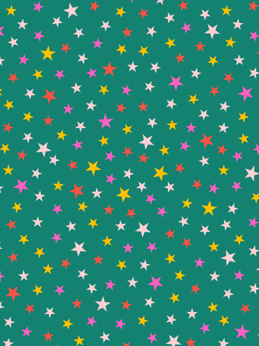 Poster mit bunten Sternen in Rot, Gelb, Rosa und Weiß auf grünem Hintergrund.