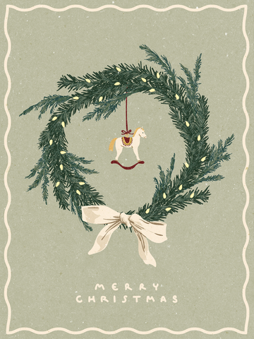 Weihnachtskranz mit Schaukelpferd und der Aufschrift "Merry Christmas".