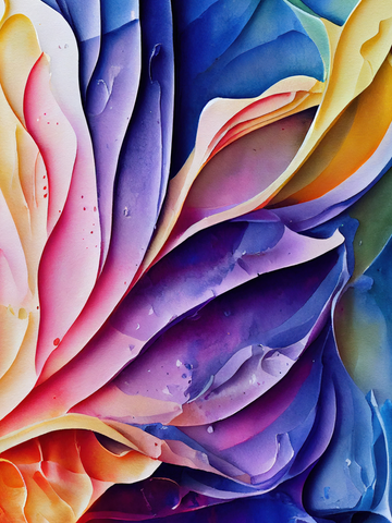 Abstrakte Komposition mit fließenden, wellenförmigen Formen in Blau, Violett, Gelb und Rot.