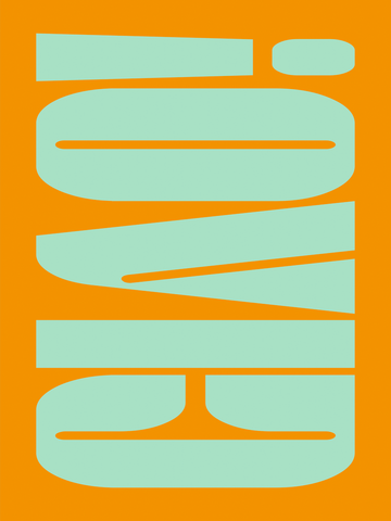 Typografisches Poster mit dem Wort "LOVE" in Grün auf einem orangefarbenen Hintergrund.