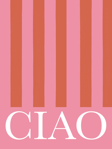 Das Wort Ciao in Weiß auf einem rosa und orange gestreiften Hintergrund.