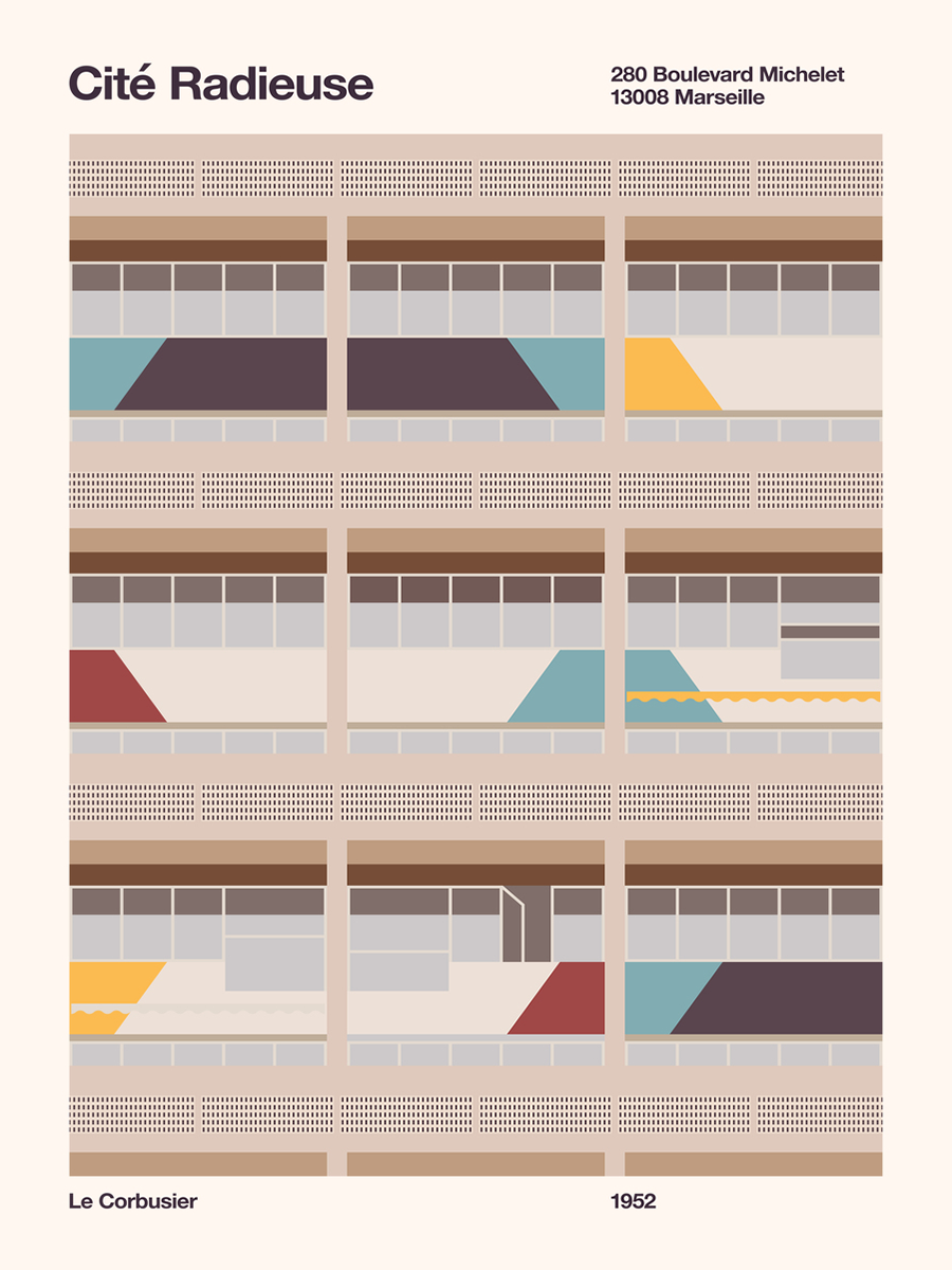 Poster eines Gebäudes mit beigem Hintergrund und dem Text Cité Radieuse.