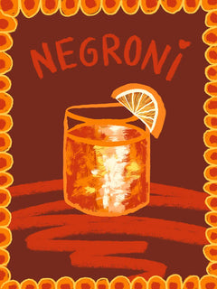Illustration eines Negroni-Cocktails mit Orangenscheibe und dekorativem Orangenrahmen.