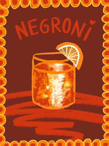 Illustration eines Negroni-Cocktails mit Orangenscheibe und dekorativem Orangenrahmen.