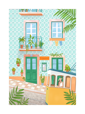 Illustration einer Stadtszene mit gelber Straßenbahn und einem Gebäude mit grünen Türen und Pflanzen.