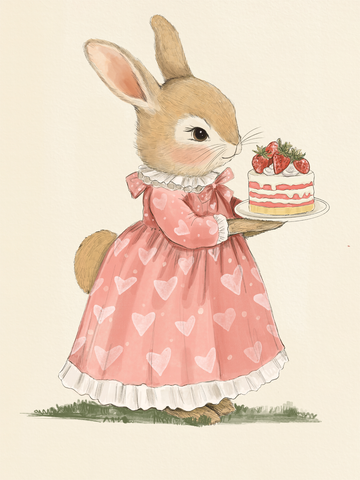 Ein Hase in einem rosa Kleid hält einen Erdbeerkuchen.