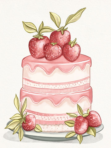 Illustration eines rosa Kuchens mit Erdbeeren und grünen Blättern.