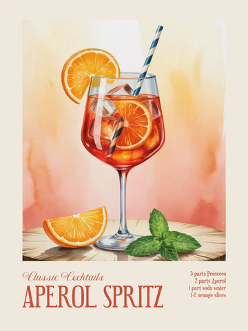 Illustration eines Aperol Spritz mit Orangenscheiben und gestreiftem Strohhalm, Rezept auf dem Poster.
