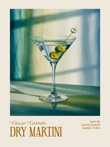 Poster eines Dry Martini mit Oliven in einem Cocktailglas vor einem blau-grünen Hintergrund.