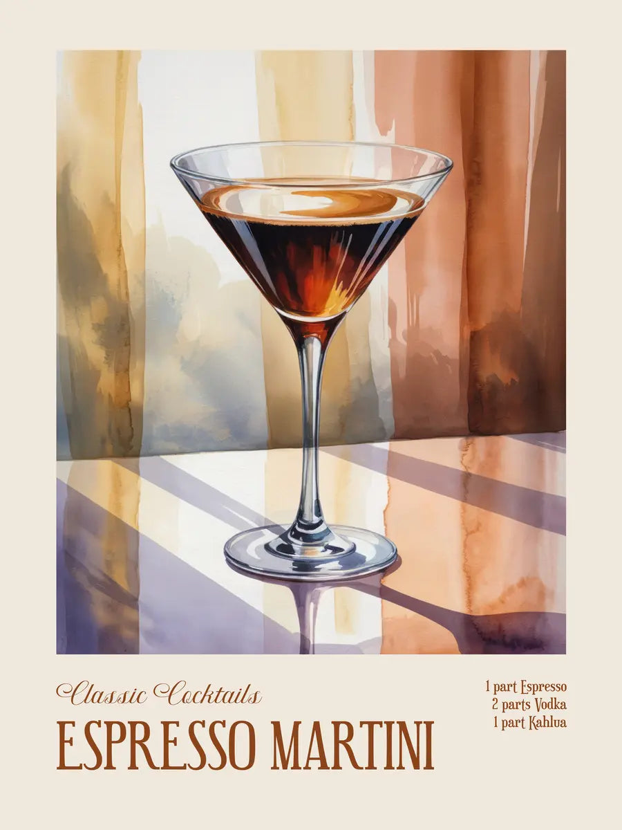 Illustration eines Espresso Martini in einem Cocktailglas mit Rezept auf beigem Hintergrund.