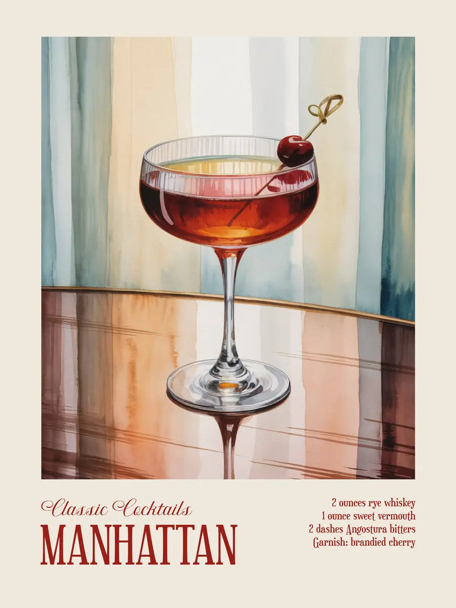 Poster eines Manhattan-Cocktails in einem Glas mit Kirsche und Rezepttext.