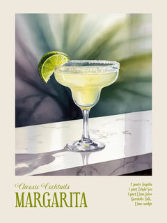 Poster eines Margarita-Cocktails mit Limettenscheibe und Zutatenbeschreibung.