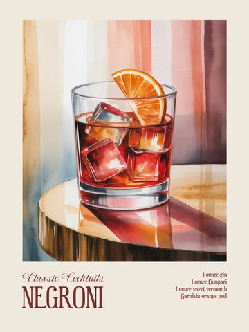 Ein Negroni-Cocktail mit Eiswürfeln und einer Orangenscheibe in einem Glas auf einem Tisch, mit dem Text "Classic Cocktails Negroni" und Rezept.