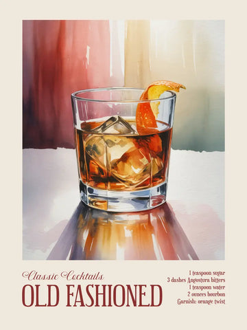 Illustration eines Old Fashioned-Cocktails in einem Glas mit Orangenscheibe.