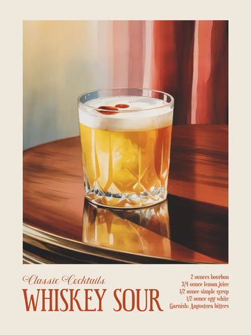 Poster eines Whiskey Sour Cocktails mit Rezept.