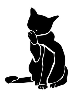 Grafische Illustration einer schwarzen Katze, die sich selbst wäscht, vor einem weißen Hintergrund.