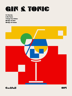 Illustration eines Gin & Tonic Cocktails mit geometrischen Formen in Rot, Gelb, Blau und Grün.