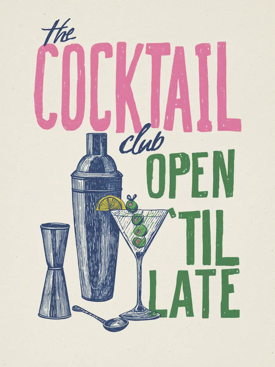 Illustration eines Cocktailshakers und Martini-Glases mit dem Text "The Cocktail Club - Open 'Til Late".