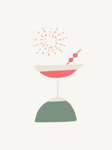 Illustration eines Cocktails mit einem Feuerwerk im Hintergrund in Rot, Grün und Beige.