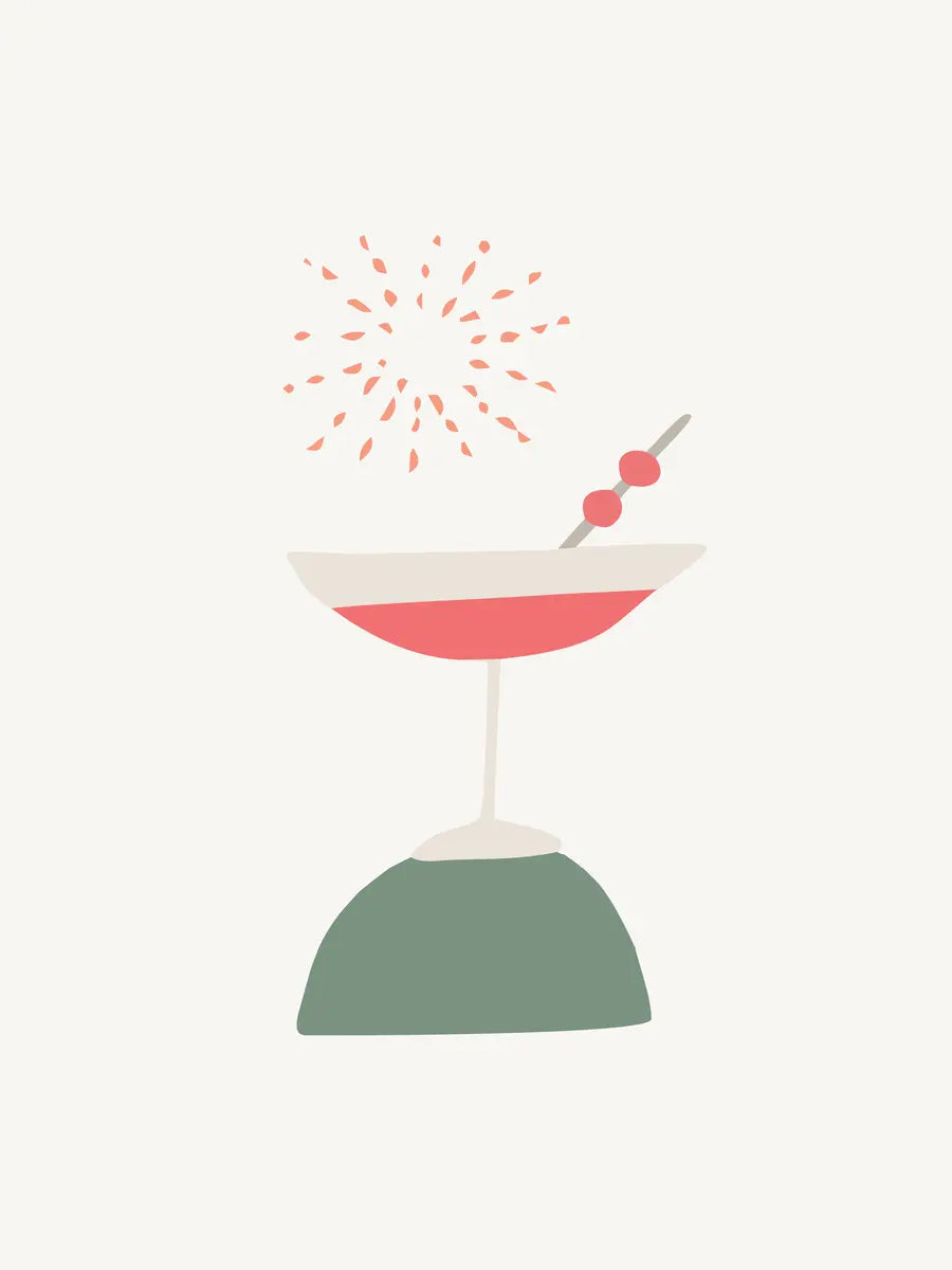 Illustration eines Cocktails mit einem Feuerwerk im Hintergrund in Rot, Grün und Beige.