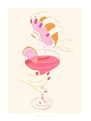 Illustration einer Hand, die einen Cocktail mit einer Grapefruit garniert, auf einem hellbeigen Hintergrund.