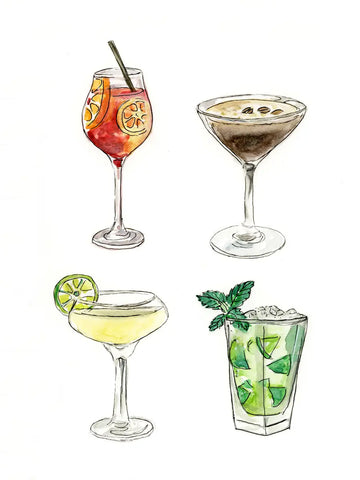 Illustration von vier verschiedenen Cocktails in bunten Gläsern.