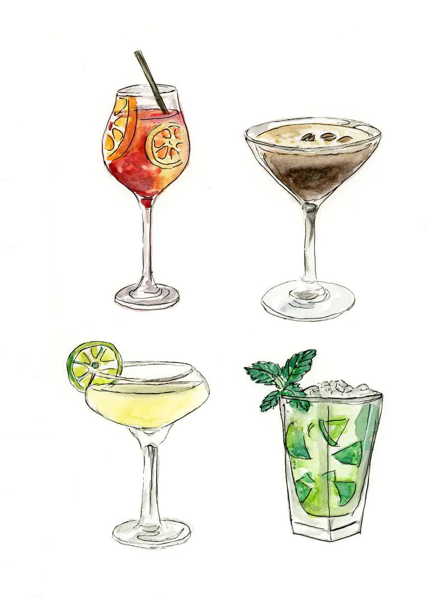 Illustration von vier verschiedenen Cocktails in bunten Gläsern.