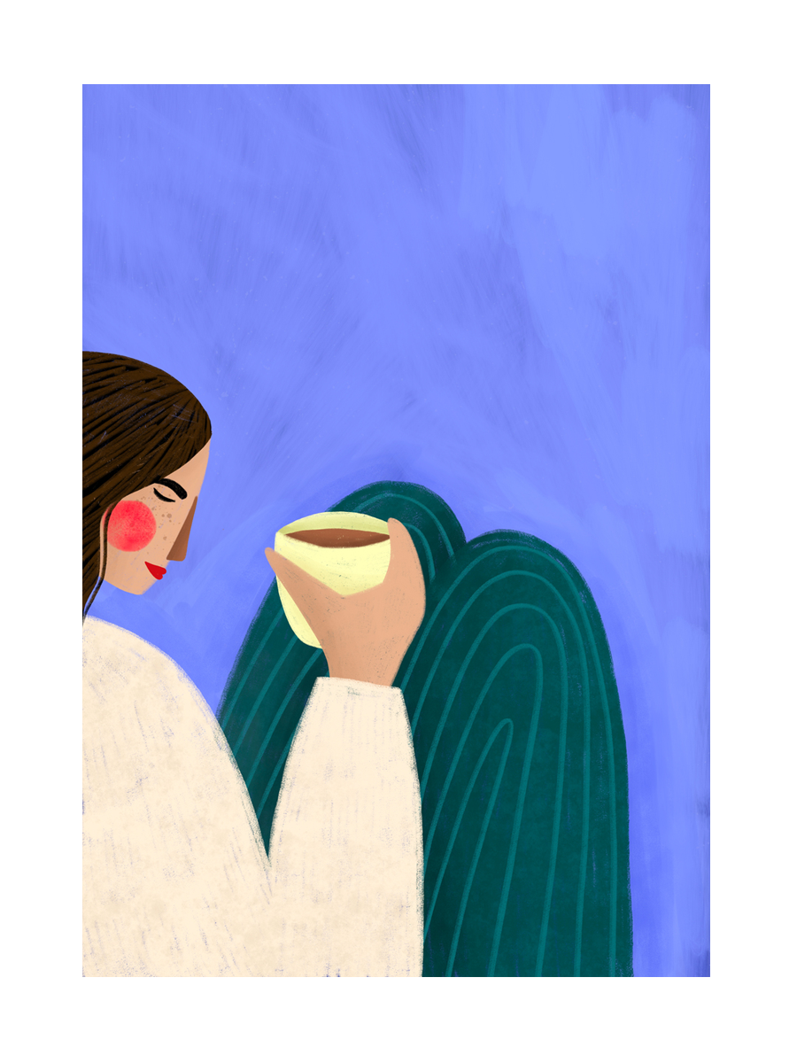 Illustration einer Frau mit braunen Haaren und roten Lippen, die eine gelbe Tasse hält, vor einem lila Hintergrund.