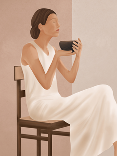 Illustration einer Frau in einem weißen Kleid mit schwarzer Tasse vor einem hellrosa Hintergrund.