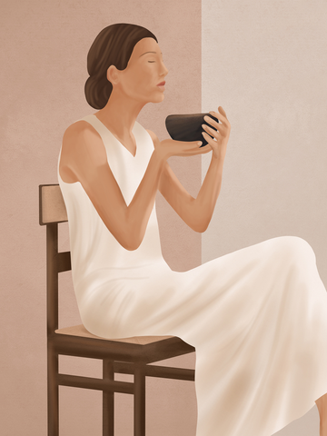 Illustration einer Frau in einem weißen Kleid mit schwarzer Tasse vor einem hellrosa Hintergrund.