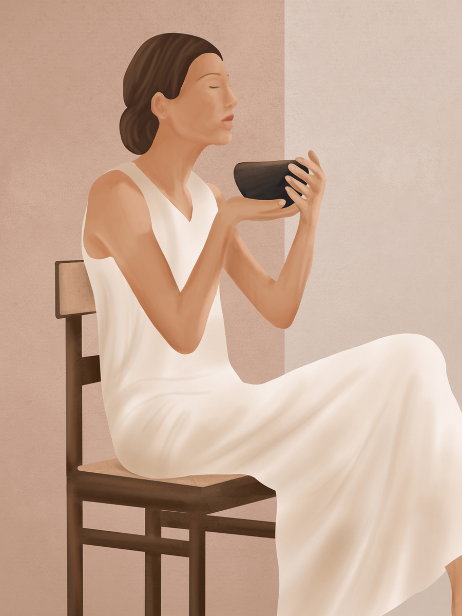 Illustration einer Frau in einem weißen Kleid mit schwarzer Tasse vor einem hellrosa Hintergrund.