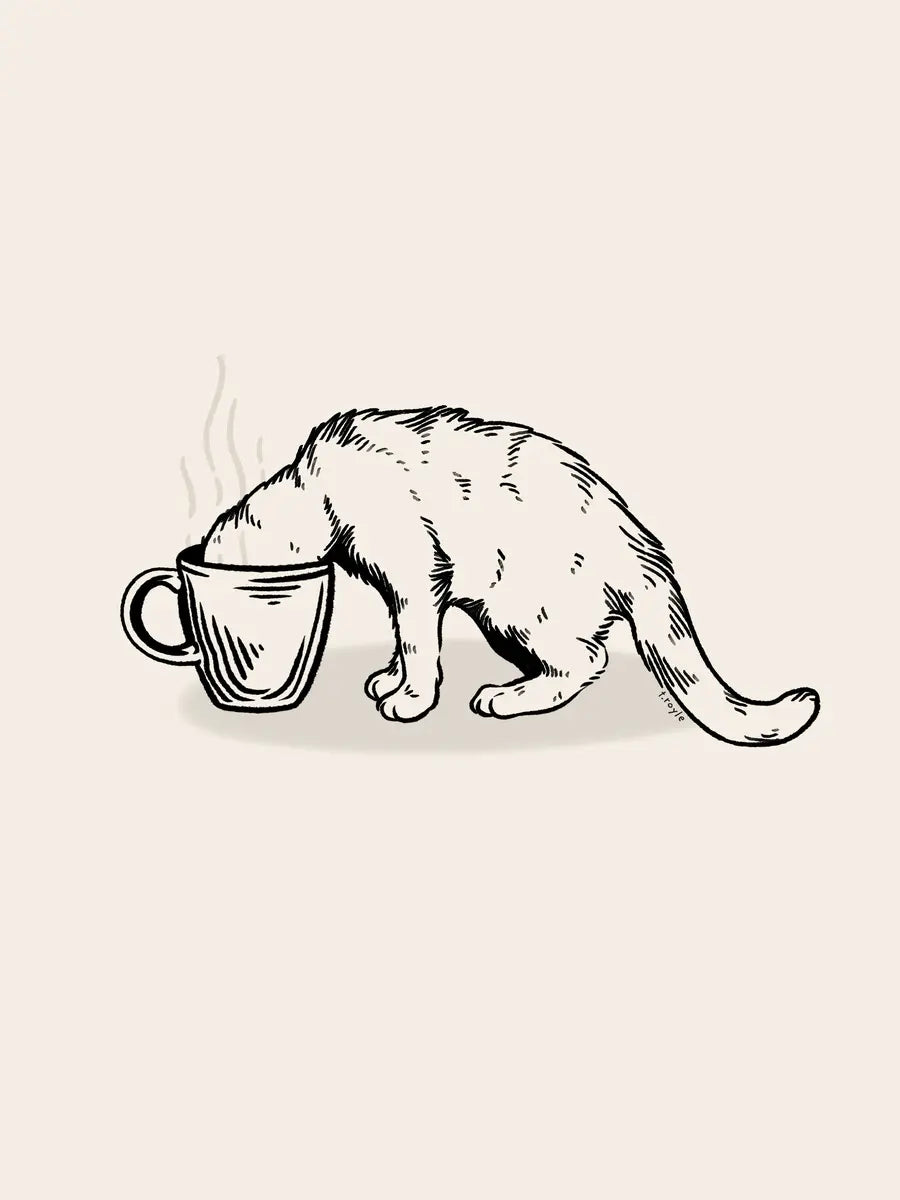 Illustration einer Katze, die ihren Kopf in eine Kaffeetasse steckt.