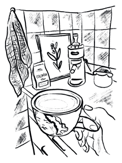 Handgezeichnete Illustration einer Kaffeetasse in einer Küche mit Kaffeemühle und Kaffeebeutel.