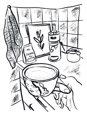 Handgezeichnete Illustration einer Kaffeetasse in einer Küche mit Kaffeemühle und Kaffeebeutel.
