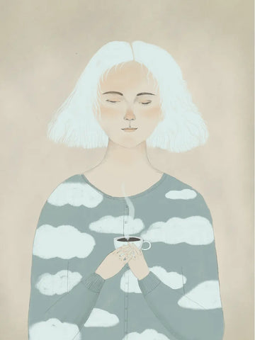 Illustration einer Frau mit geschlossenen Augen, die eine Tasse Kaffee hält, vor einem beigen Hintergrund.