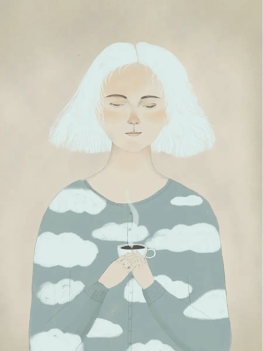 Illustration einer Frau mit geschlossenen Augen, die eine Tasse Kaffee hält, vor einem beigen Hintergrund.