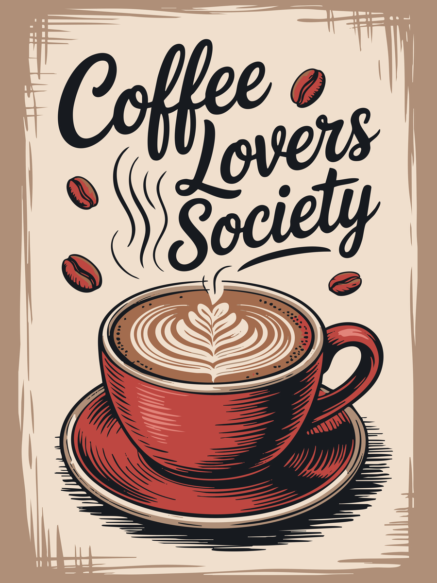 Retro-Poster mit roter Kaffeetasse und dem Text "Coffee Lovers Society".