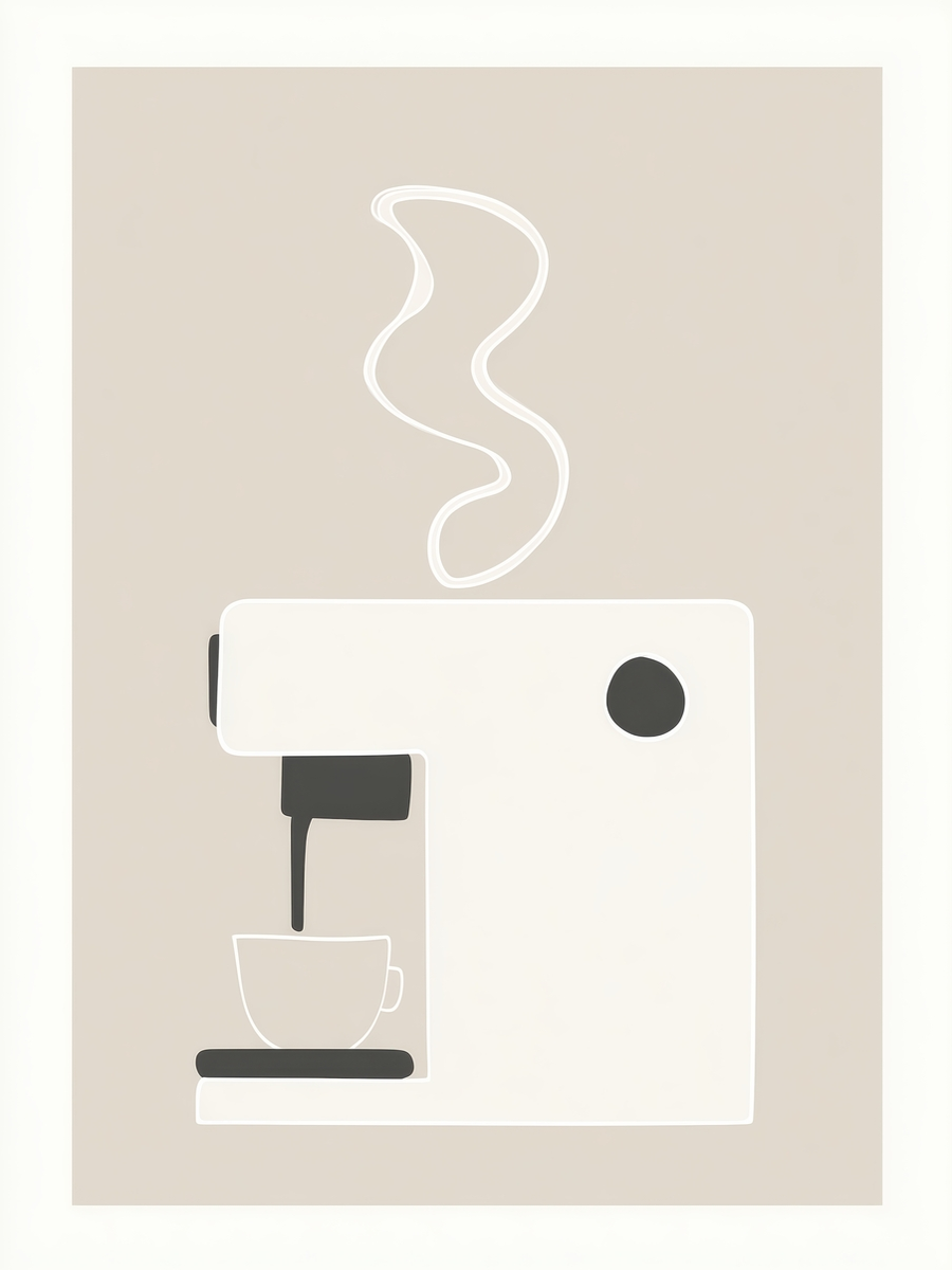 Illustration einer Kaffeemaschine in Weiß und Schwarz mit einer dampfenden Tasse auf einem beigen Hintergrund.