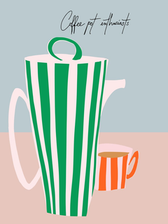Illustration einer gestreiften Kaffeekanne und Tasse auf hellblauem Hintergrund mit dem Text "Coffee pot enthusiasts".