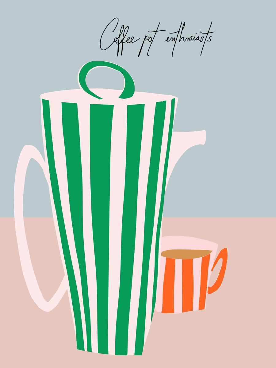 Illustration einer gestreiften Kaffeekanne und Tasse auf hellblauem Hintergrund mit dem Text "Coffee pot enthusiasts".