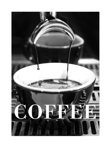 Schwarz-weiß-Fotografie von Kaffee, der in eine Tasse gegossen wird, mit dem Wort "Coffee" darunter.
