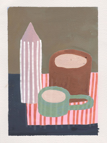 Illustration einer grünen Kaffeetasse und einer gestreiften Kerze auf einem gestreiften Tuch.