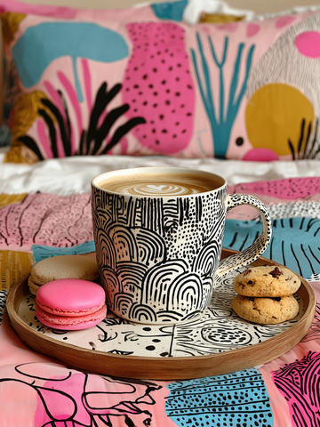 Tasse Kaffee mit Macarons und Keksen auf einem Tablett, bunte Kissen im Hintergrund.