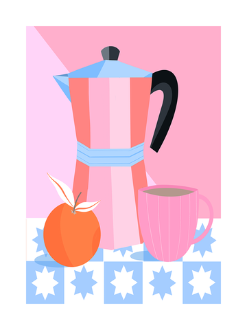 Illustration einer rosa Kaffeekanne und Kaffeetasse neben einer Orange auf einem blau-weiß gemusterten Tisch vor einem rosa Hintergrund.