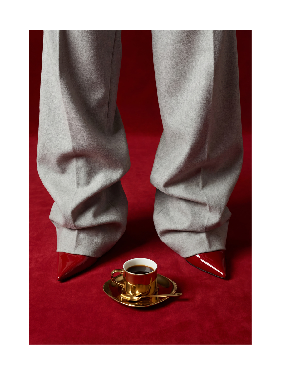 Rote Schuhe und eine goldene Kaffeetasse auf rotem Hintergrund.