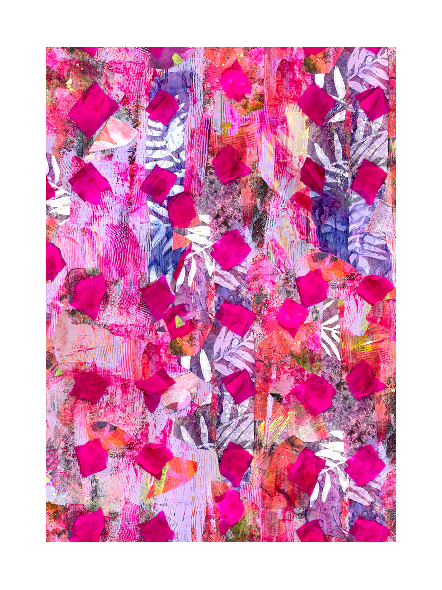 Abstrakte Collage aus Formen und Farben in Rosa, Weiß und Violett.