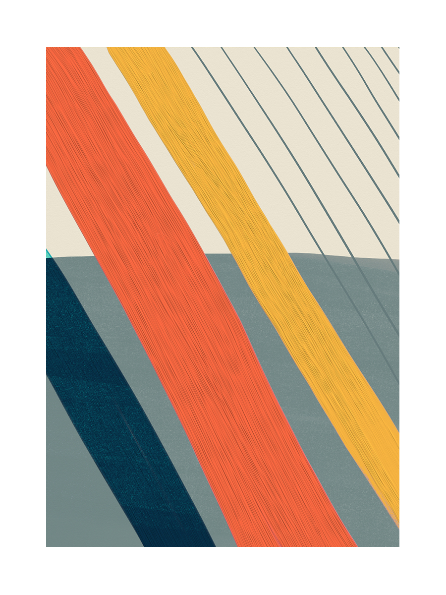 Grafik mit farbigen Blöcken und Linien in Rot, Gelb, Blau und Schwarz auf beigefarbenem Grund.